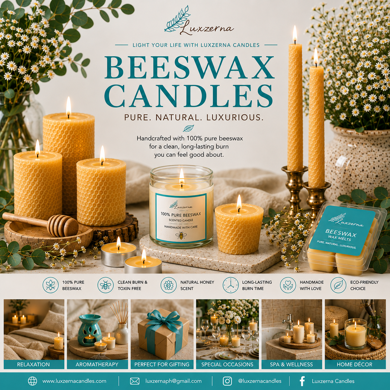 Luxzerna 100% pure beeswax candles collection featuring pillar candles, taper candles, votives, tealights, and scented beeswax candles handcrafted in the Philippines.