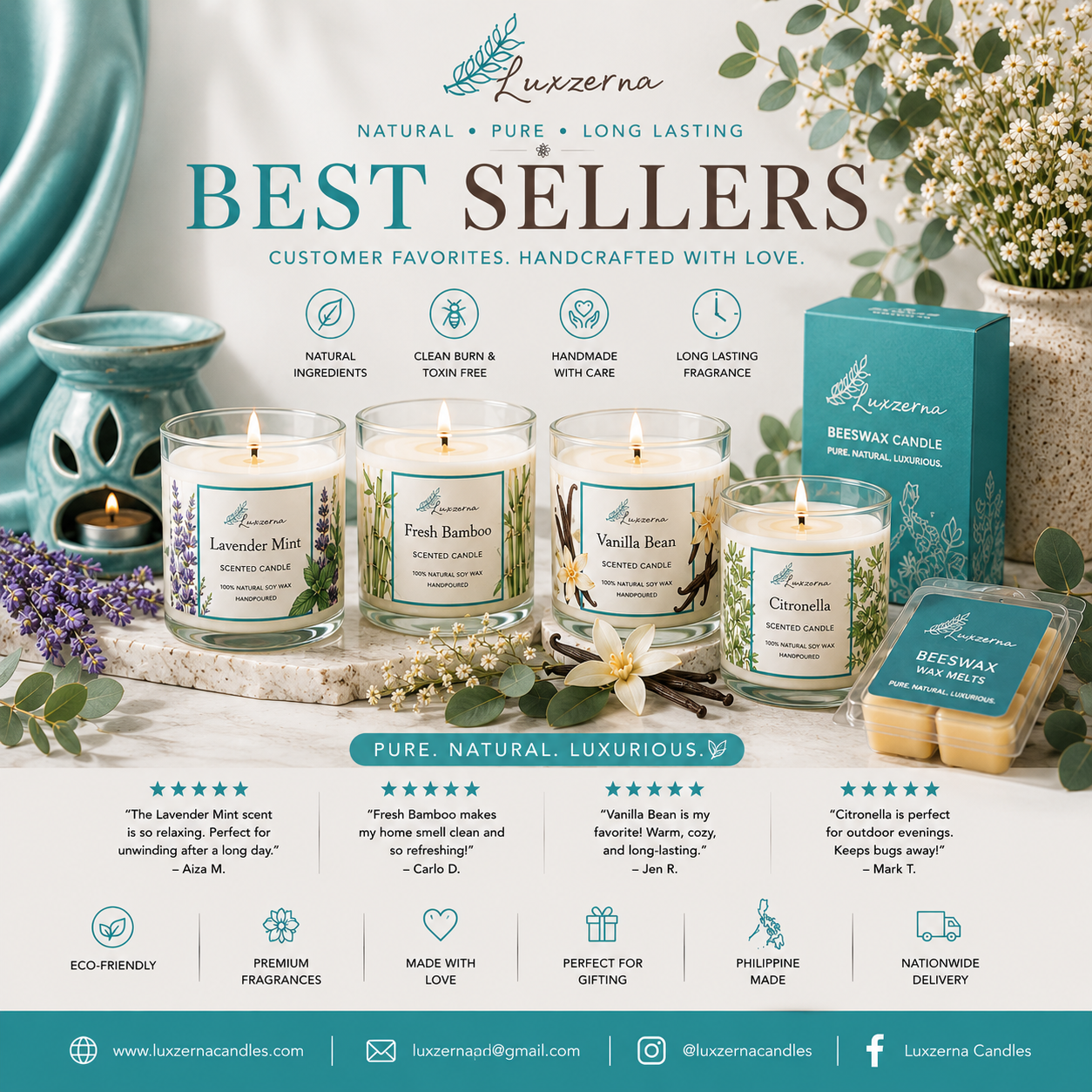 Luxzerna best-selling scented candles, beeswax candles, and wax melts with Lavender Mint, Fresh Bamboo, Vanilla, and Citronella fragrances available nationwide in the Philippines.