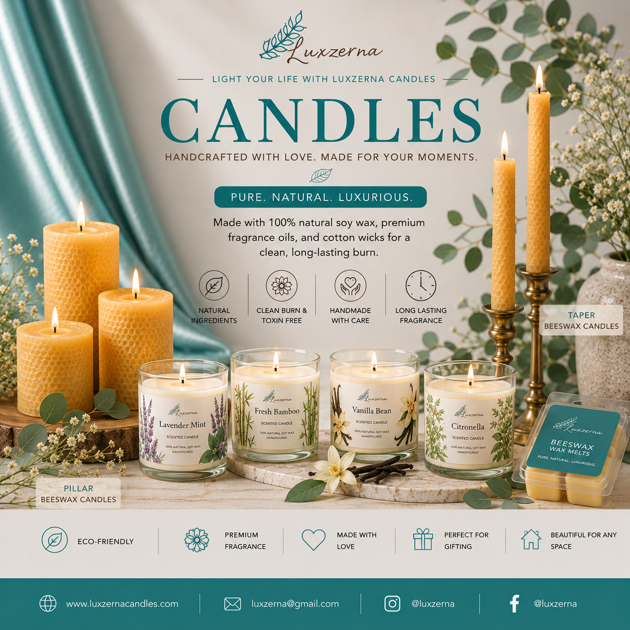 Handcrafted Luxzerna candles including pillar candles, taper candles, scented candles, and beeswax candles for home décor and relaxation.