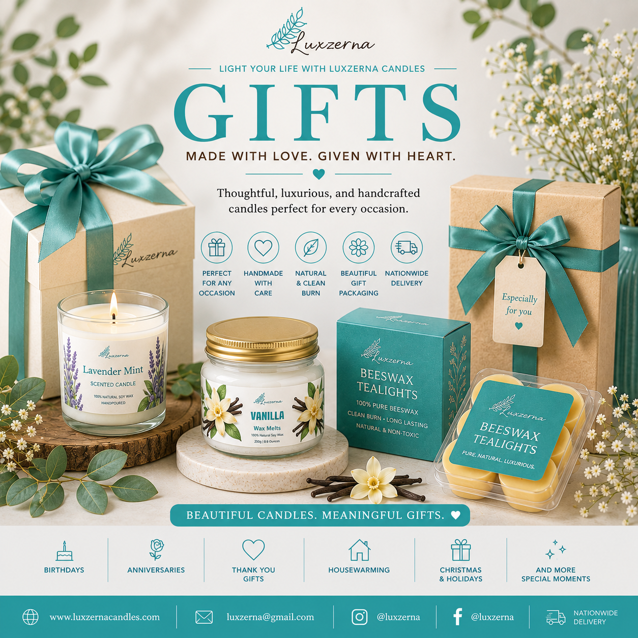 Luxzerna Gifts Collection featuring handcrafted beeswax candles, scented candles, wax melts, tealights, and luxury gift sets for birthdays, anniversaries, housewarming, Christmas, and special occasions in the Philippines.