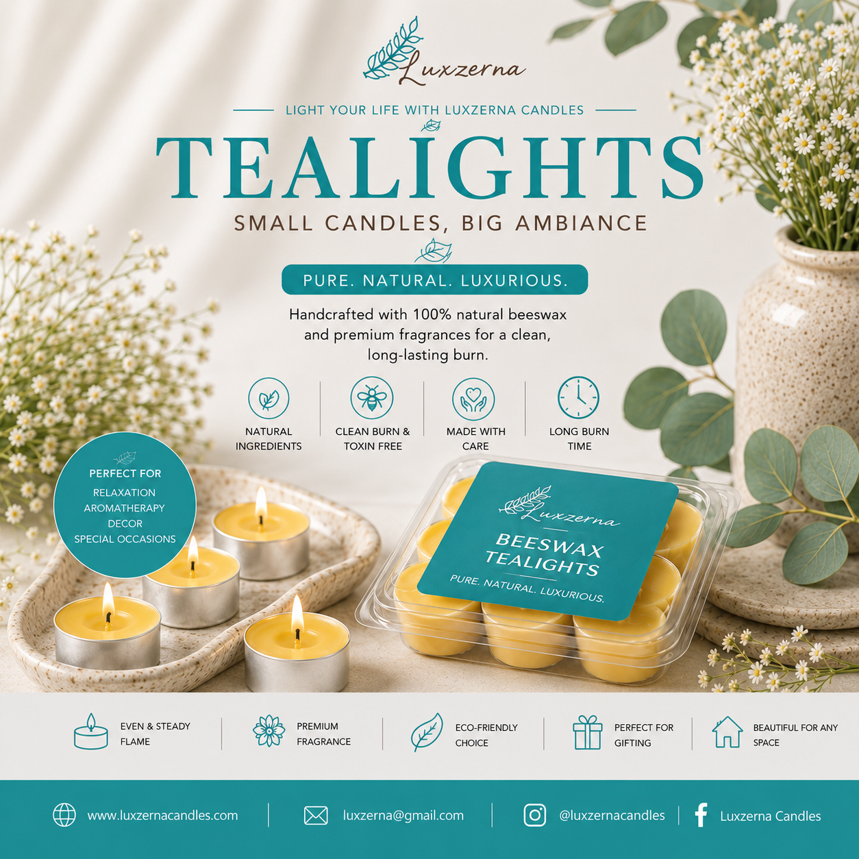 Luxzerna beeswax tealight candles handcrafted for clean-burning ambiance, aromatherapy, and home décor.