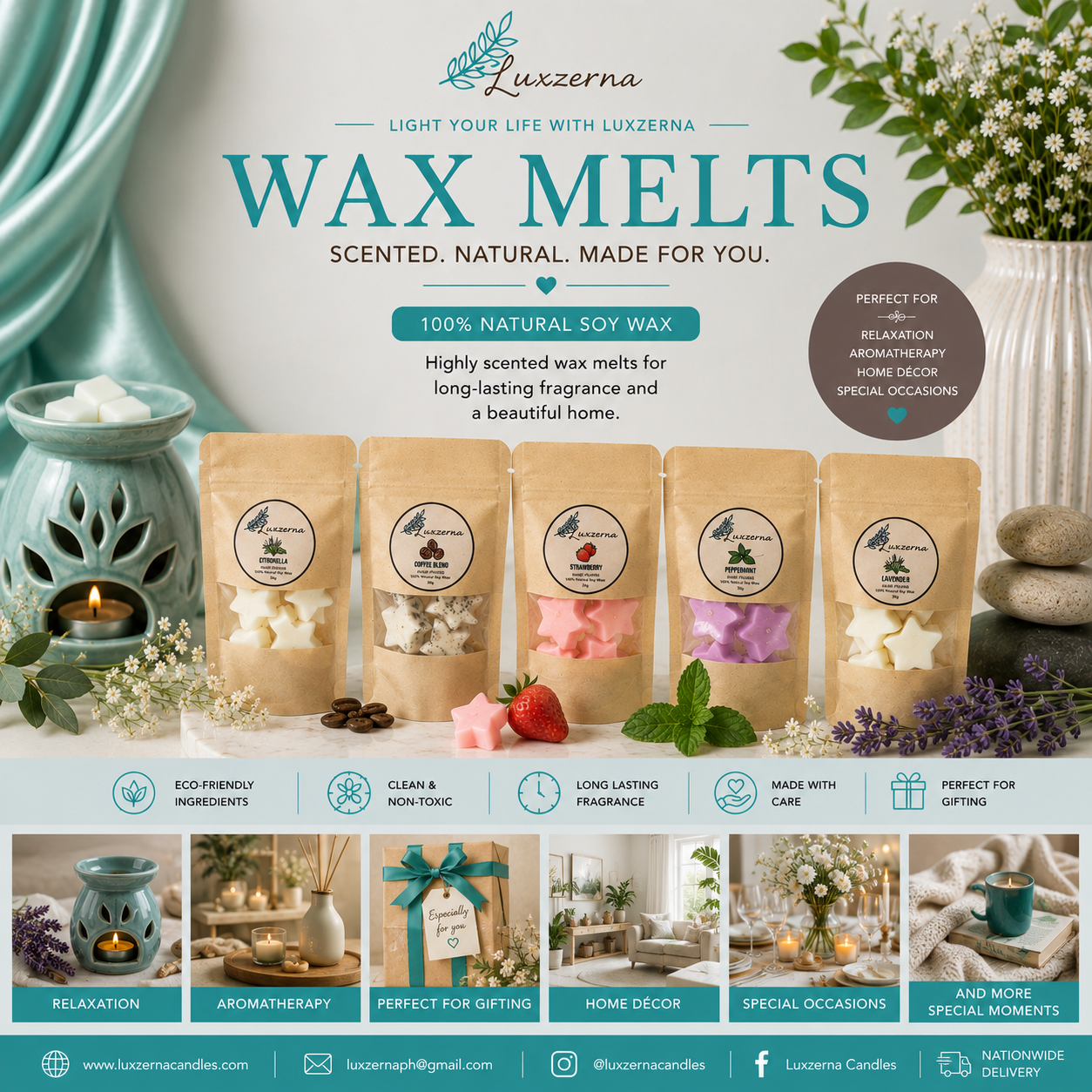 Luxzerna Wax Melts Collection featuring handcrafted soy wax melts in Lavender Mint, Fresh Bamboo, Vanilla Bean, Coffee Bean, Strawberry, Peppermint, and Citronella scents for home fragrance and aromatherapy.
