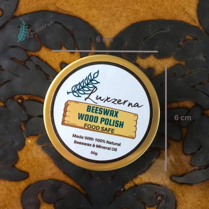 Luzzerna beeswax wood polish container on a decorative wooden background