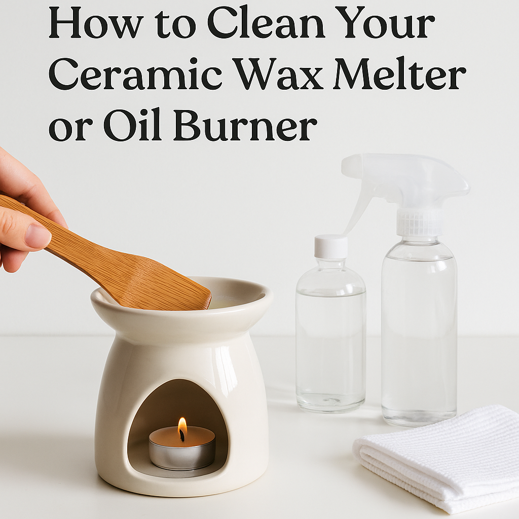 Ceramic wax melter with a lit candle, wooden spoon, cleaning spray bottles, and towel on a light background. Luxzerna Philippines