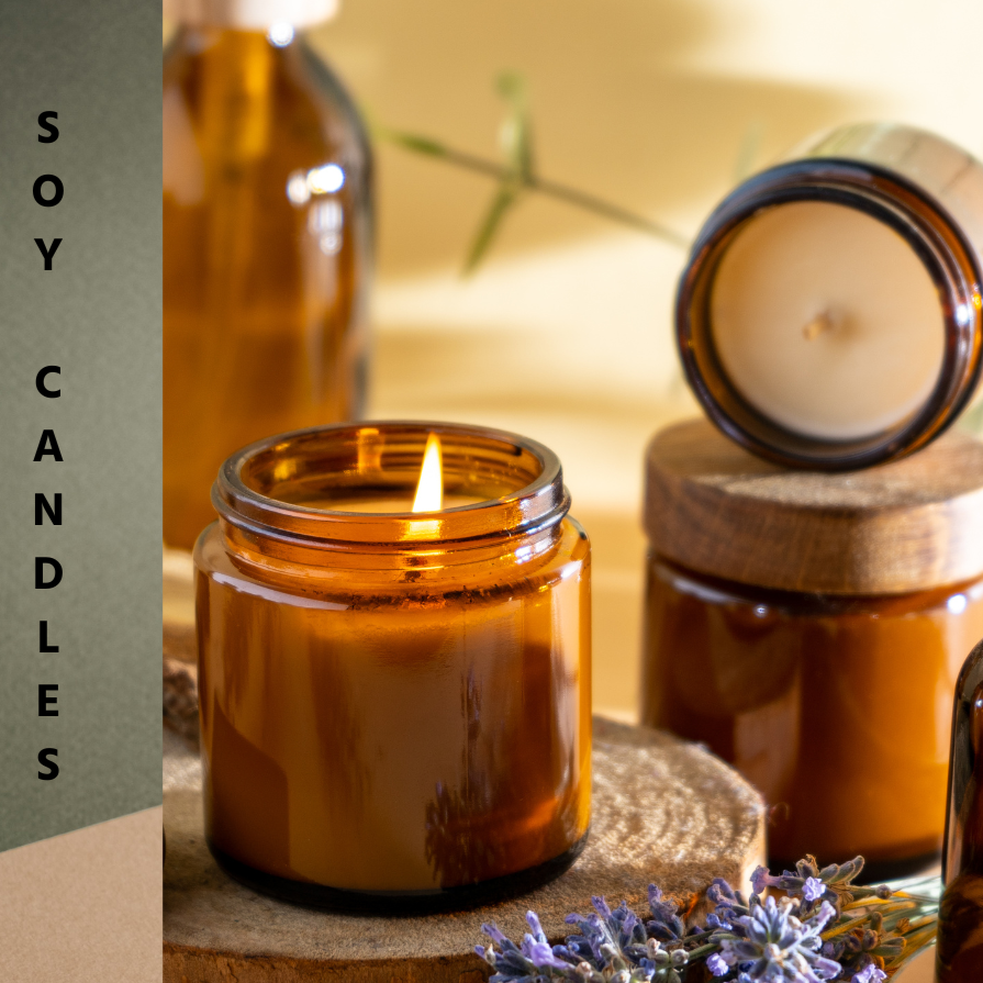 Soy candles in amber jars with wooden lids on a wooden surface, surrounded by lavender flowers.