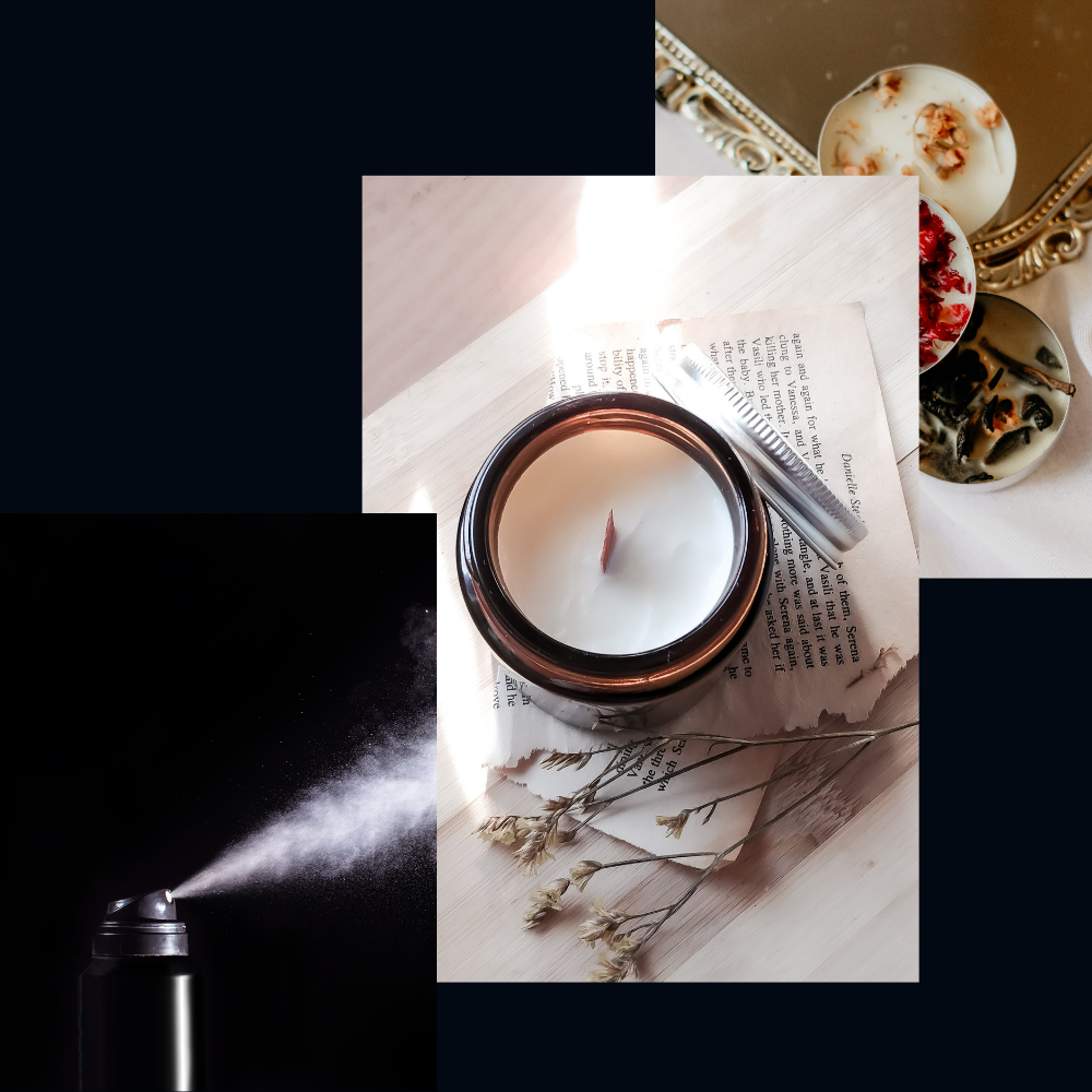 Collage of candles and a spray bottle on a textured surface. Luxzera