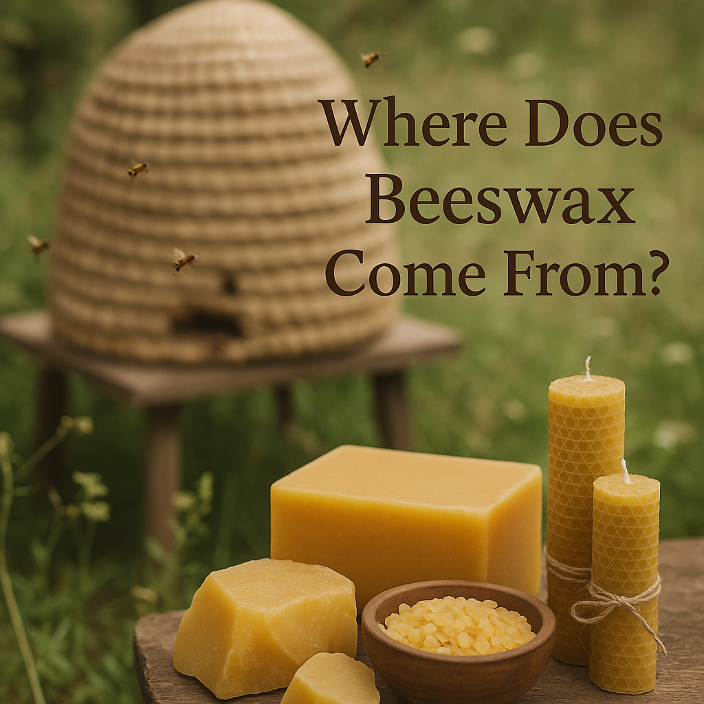 Beeswax products including candles and blocks with a beehive and bees in the background. Luxzerna