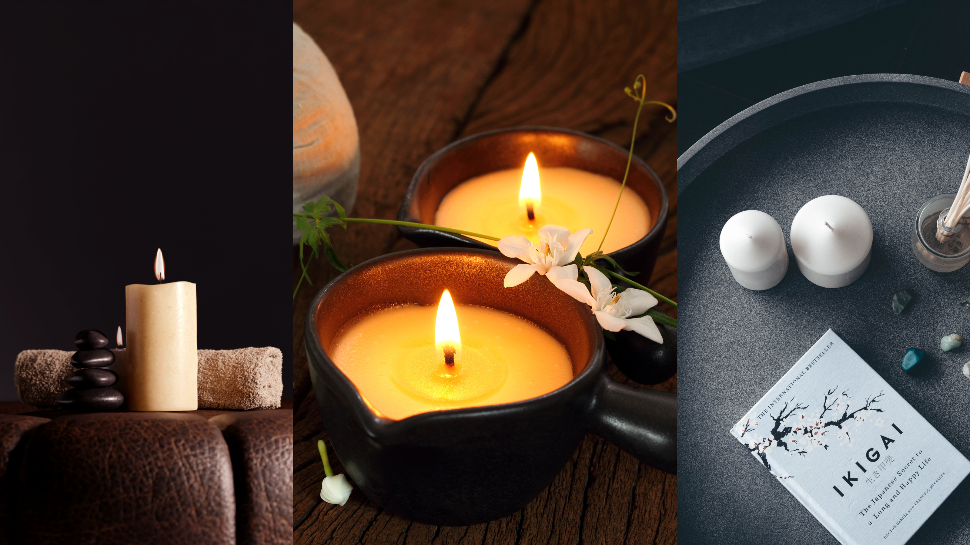 Three images of candles and a card with 'IKIGAI' branding. Luxzerna Philippines