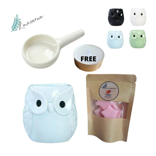 Light Blue Big Owl Ceramic Burner w/ 30g Wax Melts & Tealight Spoon w/ FREE TEALIGHT - Luxzerna Candles & Wax Melts PH