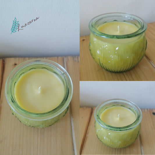 Luxzerna 100ml Unscented Pure Organic Beeswax Candles in green glass jar on wooden surface