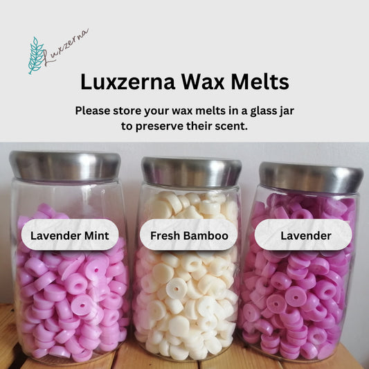 200g Luxzerna Wax Melts in Lavender Mint Fresh Bamboo and Lavender scents in glass jars with metal lids